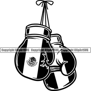 May include: Black and white illustration of boxing gloves. The gloves are hanging from a string and feature the Mexican flag design. The Mexican coat of arms is visible on the gloves.