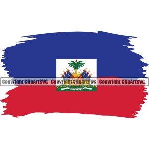 May include: A distressed, brushstroke-style flag of Haiti. The flag is blue, red and white with a coat of arms featuring a palm tree and the words "L'UNION FAIT LA FORCE".