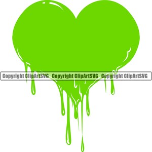 May include: A green heart shape with dripping edges, like melting slime or paint.  The heart is a simple, flat shape with no details.