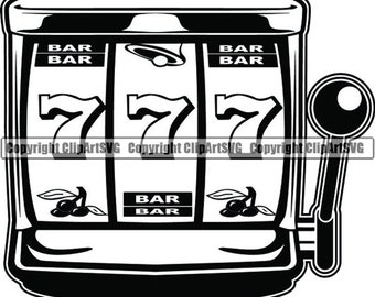 May include: Black and white illustration of a slot machine with three reels showing the number 7 and the word "BAR" on each reel. The slot machine has a lever on the right side.