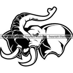 May include: Black and white illustration of an elephant's head with its trunk curled up. The elephant has large ears and tusks.