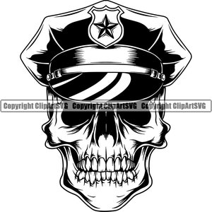 Peut inclure: Illustration en noir et blanc d'un crâne portant un chapeau de policier. Le chapeau a une étoile sur le devant et une visière qui couvre les yeux du crâne.