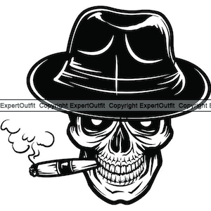 Könnte beinhalten: Schwarz-weiß-Illustration eines Schädels, der einen Fedora trägt und eine Zigarette raucht. Der Schädel hat einen finsteren Ausdruck und blickt nach rechts.