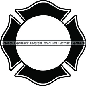 May include: Black and white firefighter badge with a circle in the center. The badge is shaped like a four-pointed star.