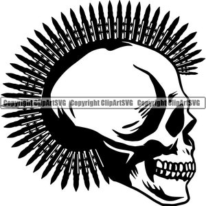 May include: Black and white silhouette of a skull with a mohawk made of bullets.