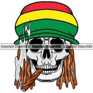 May include: A cartoon skull with dreadlocks wearing a red, yellow, and green hat and smoking a cigar.