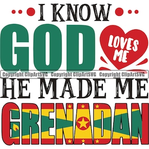 以下が含まれることがあります： 緑、黄色、赤のグレナダの国旗に、黄色の星が5つ描かれています。テキストには「神様が私を愛していることを知っています。神様が私をグレナダ人にしてくれました。」と書いてあります。