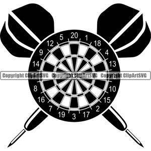 Könnte beinhalten: Schwarz-weiß-Illustration eines Dartboards mit zwei Darts. Das Dartboard hat die Zahlen 1 bis 20 am äußeren Rand, mit dem Bullseye in der Mitte.