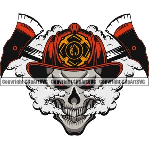 Firefighter Skull Fireman Smoke Firefighting Skeleton Axe Hero Helmet Fire Rescue Safety Design Element Logo SVG PNG Vector Clipart Cut