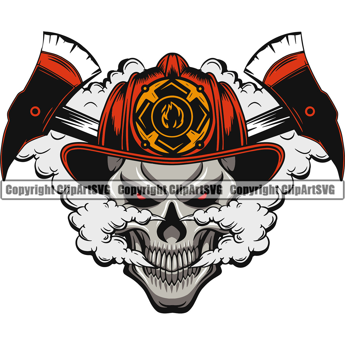 Firefighter Skull Fireman Smoke Firefighting Skeleton Axe Hero Helmet Fire Rescue Safety Design Element Logo SVG PNG Vector Clipart Cut