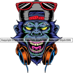 Crazy Monkey DJ Deejay Chapéu Boné Fones de ouvido Eye Piercing Spin Mixer Disc Jockey Vinil Music Club Design Logo SVG PNG Vector Clipart Cut File