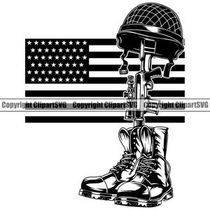 Soldado caído Veterinario Veterano Ametralladora Botas Casco Etiqueta de perro Bandera de EE.UU. Guerra Signo de EE.UU. Héroe de guerra EE.UU. P.O.W M.I.A Diseño de arte Logotipo SVG Vector Clipart