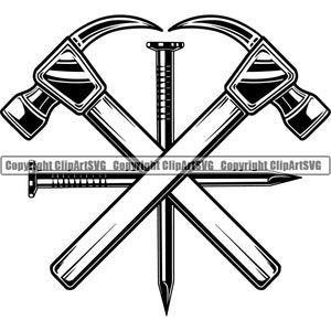 May include: Black and white illustration of two crossed hammers and a nail. The hammers are traditional claw hammers with wooden handles. The nail is a straight nail with a pointed tip.