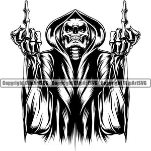 Sensenmann Schädel Skelett Grinsen grinsend Mittelfinger Tod Evil Kill Killer Gespenst Tattoo Hölle Art Logo SVG PNG Vektor Clipart Cut