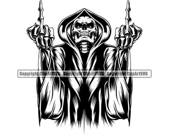 Grim Reaper Skull Skeleton Grin Grinning Middle Finger Death Evil Kill Killer Grim Ghost Tattoo Hell Art Logo SVG PNG Vector Clipart Cut