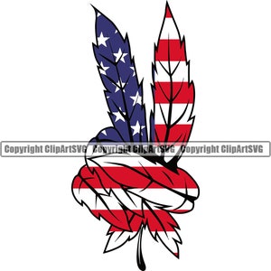 May include: Peace sign made of marijuana leaves with the American flag design. The leaves are red, white, and blue.