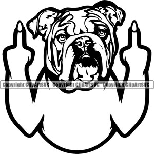 English Bulldog Middle Finger Funny Dog Breed Smiling Paw Puppy Pet Purebred Pedigree Mascot Design Logo SVG PNG Clipart Vector Cricut Cut