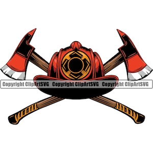 May include: A red firefighter helmet with a black cross on the front, crossed over with two red and black axes.