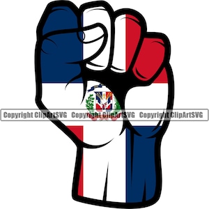 May include: A raised fist with the Dominican Republic flag colors. The fist is blue, white, and red with the Dominican Republic coat of arms in the center.