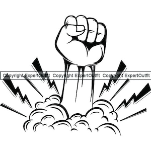 Könnte beinhalten: Eine Schwarzweißillustration einer Faust, die durch eine Rauchwolke bricht. Die Faust ist geballt und in die Luft erhoben, was Stärke und Macht symbolisiert.