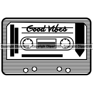 Muziek cassettebandje Good Vibes Retro Vintage hoofdtelefoon dek speler 80's jaren 1980 Club Sound Art Design Logo SVG PNG Vector Clipart gesneden bestand
