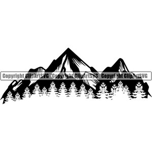 May include: Black and white silhouette of a mountain range with a forest of pine trees in the foreground.
