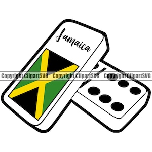 May include: A black and white illustration of a domino with the Jamaican flag and the word "Jamaica" on one side. The other side of the domino has five black dots.