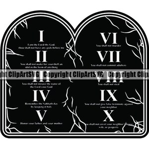 以下が含まれることがあります： 2 つの石の板に刻まれた十戒の白黒のイラスト。板はひび割れており、ざらざらした質感です。テキストは伝統的なフォントで、ローマ数字の I から X までが含まれています。