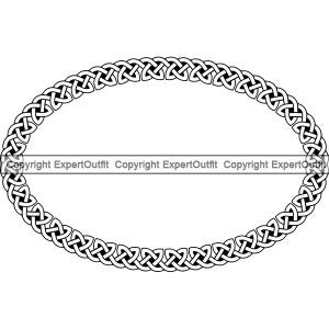 May include: Black and white Celtic knot design in the shape of an oval frame. The frame is made of a continuous line of interlacing knots.