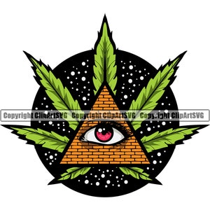 Può includere: Una foglia di marijuana verde con un occhio onniveggente all'interno di una piramide su uno sfondo nero con punti bianchi.