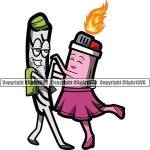May include: Cartoon illustration of a dancing joint and lighter. The joint is white and green, wearing a green jacket and hat. The lighter is pink with a red top and a flame. They are holding hands and smiling.