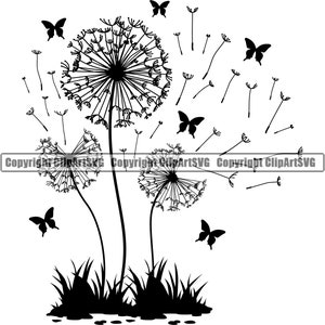 Löwenzahn Blume Schlag Pedal Make Wish Schmetterling Natur Garten Pflanze Stamm Logo Frühling Wind Pflanzensamen SVG PNG Clipart Vektor Cricut Cut File