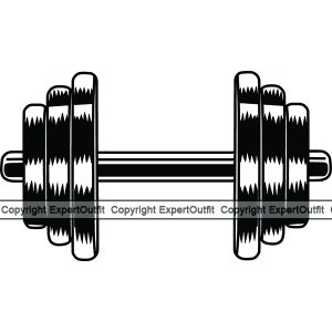 May include: Black and white illustration of a barbell with weight plates. The barbell is horizontal and the weight plates are on either end.