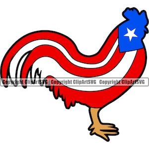 May include: A red, white, and blue rooster with a Puerto Rican flag design. The rooster is standing on one leg with its tail feathers fanned out.