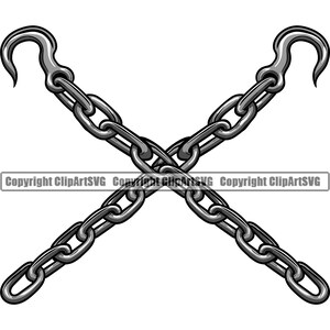 May include: Two silver chains with hooks at each end are crossed over each other. The chains are made of thick, linked metal.
