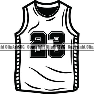 May include: Black and white illustration of a basketball jersey with the number 23 on the front.