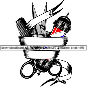May include: Black and white barber shop illustration featuring a comb, scissors, and a barber pole with red, white, and blue stripes. A banner is wrapped around the tools. The image is a vector graphic.