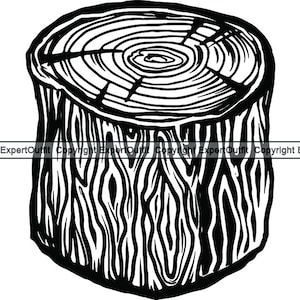 May include: Black and white illustration of a tree stump with a detailed wood grain pattern.