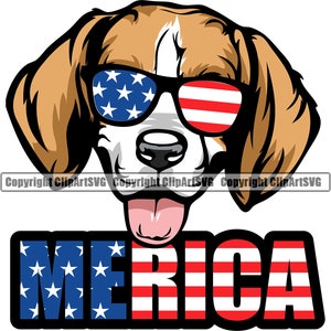 May include: A cartoon beagle dog wearing sunglasses with an American flag design. The dog's tongue is sticking out and the text "MERICA" is below the dog, also in an American flag design.