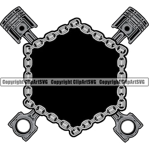 May include: A black and white graphic design featuring four silver pistons connected by a silver chain. The pistons are arranged in a cross shape with a black hexagonal shape in the center.