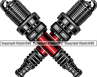 May include: Two crossed spark plugs with red and black accents. The spark plugs are a common automotive part.