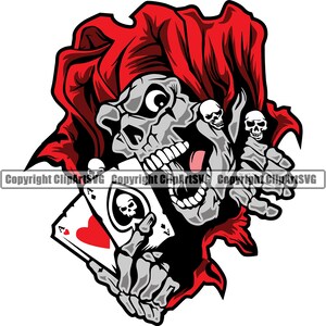 Cráneo Joker Poker Pocket Aces Texas Holdem Jester Muerte Mal Matar Asesino Tatuaje Hueso Jester Arte Diseño Logotipo SVG PNG Clipart Vector Cut File