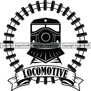 May include: Black and white illustration of a locomotive inside a railroad track arch. The word "LOCOMOTIVE" is displayed on a banner below the train. The image has a vintage, industrial design.