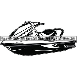 May include: A black and white silhouette of a jet ski. The jet ski is facing the right side of the image. The jet ski has a long, sleek design with a pointed nose and a curved back.