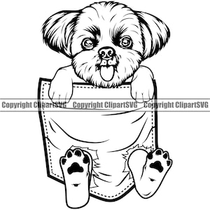 Shih Tzu Dog Breed Paw Hanging Shirt Pocket Puppy Pup Pet Art Silhouette Design Element Logo SVG PNG Clipart Vector Cricut Cut Cutting File