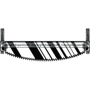 May include: Black and white illustration of a saw with a striped blade and wooden handles. The saw is labeled "Copyright ExpertOutfit".