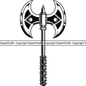 May include: A black and white illustration of a double-headed axe with a long, detailed handle.