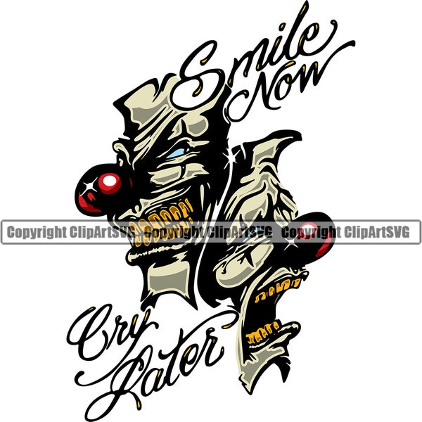 Happy Sad Masks Laugh Now Cry Later Clown Face Gangster Biker Thug Tattoo Theater Design Logo SVG PNG Vector Clipart Cut Cutting File