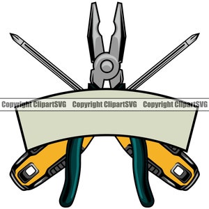 May include: A pair of pliers with a screwdriver on each side, crossed over each other. The tools are yellow and black with a green handle. The tools are on top of a banner with the text "Copyright ClipartSVG" on it.