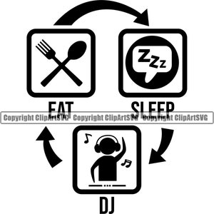 DJ Disc Jockey Eat Sleep Repeat Audio Musik Plattenspieler Plattenspieler Mixer Album Vinyl Club Sound Art Design Logo SVG PNG Vektor Clipart Cut
